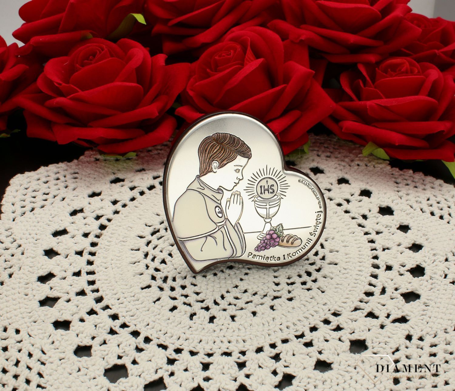 Obrazek srebrny Pierwsza Komunia Święta serduszko dla chłopca z grawerem 6747.1 COL. Pamiątka I Komunii Świętej. Obrazek z grawerem na komunie kolorowy. Prezent na komunie dla chłopca.jpg